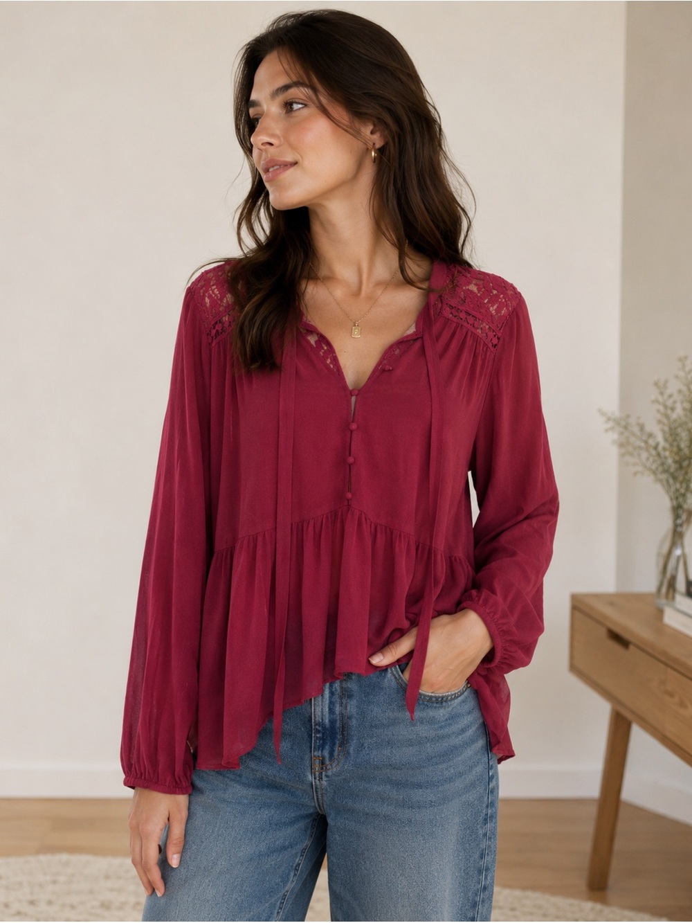 Altar'd State Burgundy Lace Babydoll Tunic Top Womens Small Boho Long Sleeve